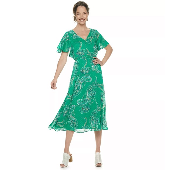 Dana Buchman Large dress green paisley print midi dress flutter sleeve A lined - Picture 2 of 10